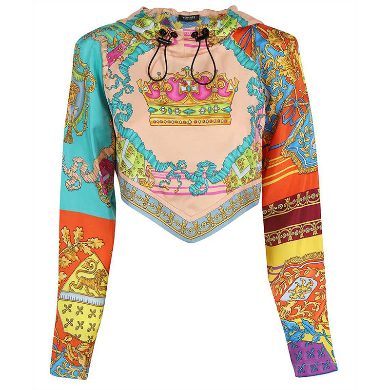 38 NEW $1,275 VERSACE Woman's ROYAL REBELLION Silk Twill Cropped Hoodie TOP XS