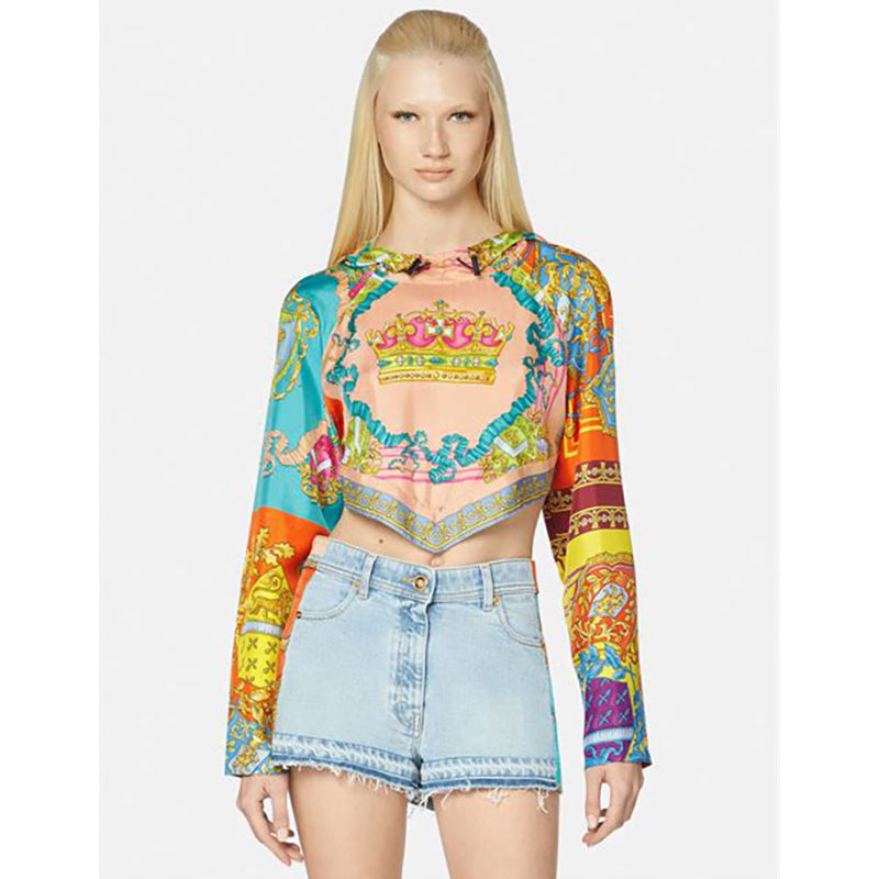 38 NEW $1,275 VERSACE Woman's ROYAL REBELLION Silk Twill Cropped Hoodie TOP XS