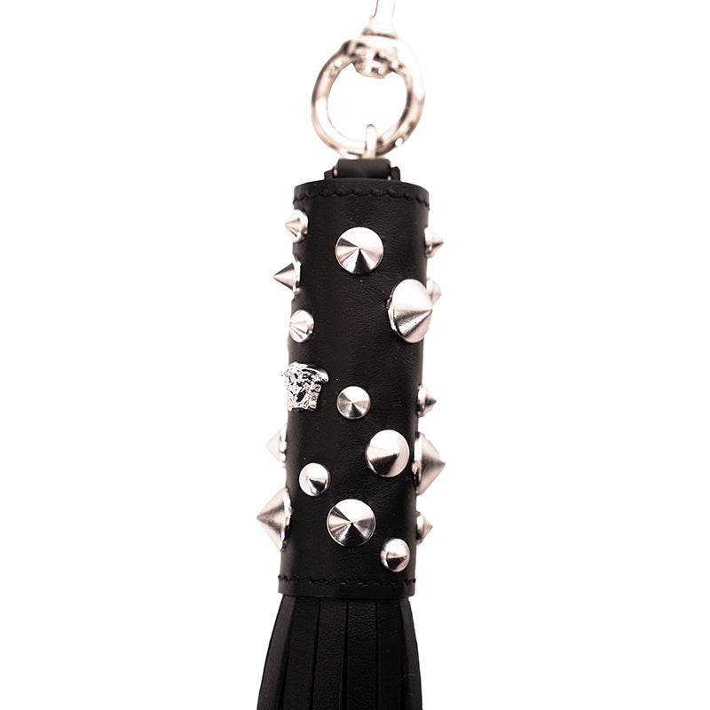 NEW $575 VERSACE RUNWAY Black Leather MEDUSA STUDDED TASSEL KEYCHAIN Bag FOB NWT