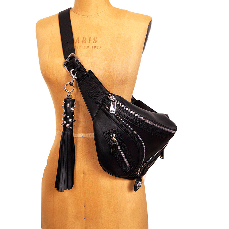 NEW $575 VERSACE RUNWAY Black Leather MEDUSA STUDDED TASSEL KEYCHAIN Bag FOB NWT