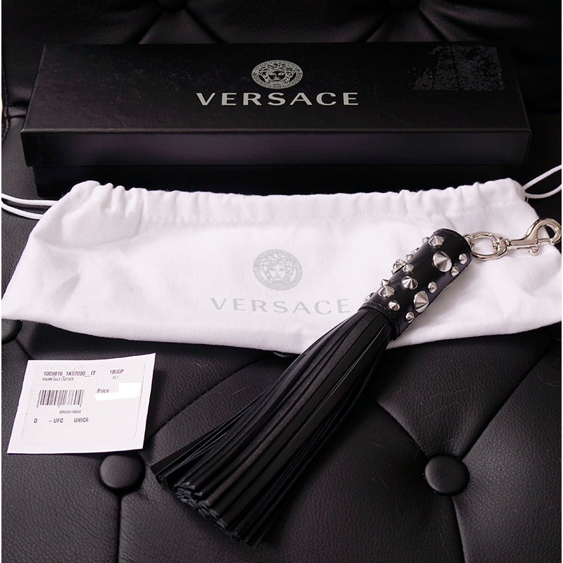 NEW $575 VERSACE RUNWAY Black Leather MEDUSA STUDDED TASSEL KEYCHAIN Bag FOB NWT