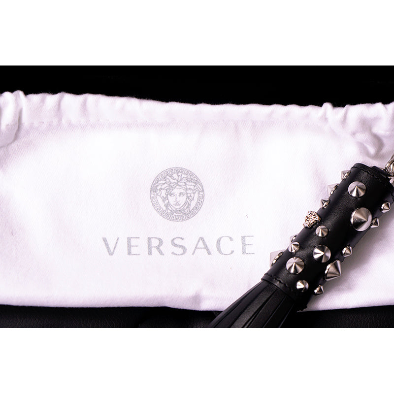 NEW $575 VERSACE RUNWAY Black Leather MEDUSA STUDDED TASSEL KEYCHAIN Bag FOB NWT