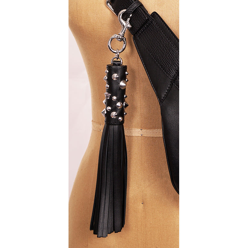 NEW $575 VERSACE RUNWAY Black Leather MEDUSA STUDDED TASSEL KEYCHAIN Bag FOB NWT