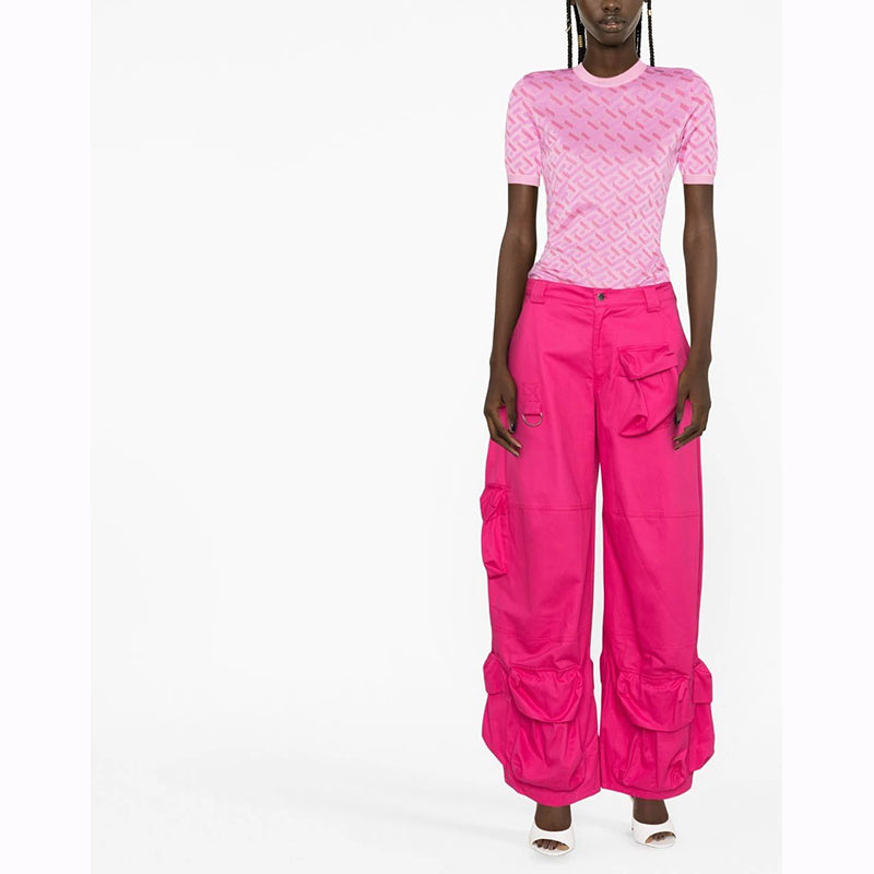 38 NEW $1,375 VERSACE Pink Jacquard LA GRECA Short-Sleeved SWEATER KNIT TOP XS