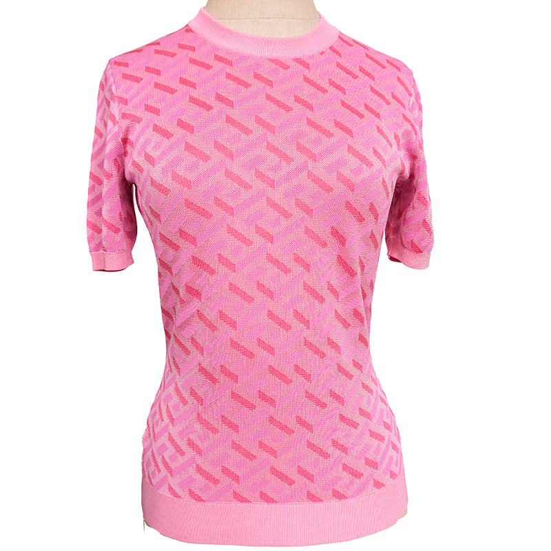 38 NEW $1,375 VERSACE Pink Jacquard LA GRECA Short-Sleeved SWEATER KNIT TOP XS