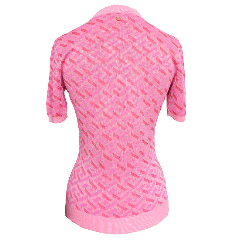 38 NEW $1,375 VERSACE Pink Jacquard LA GRECA Short-Sleeved SWEATER KNIT TOP XS
