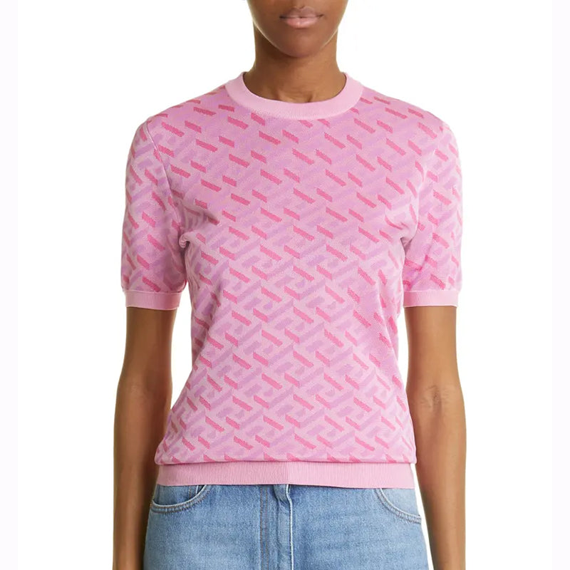 38 NEW $1,375 VERSACE Pink Jacquard LA GRECA Short-Sleeved SWEATER KNIT TOP XS