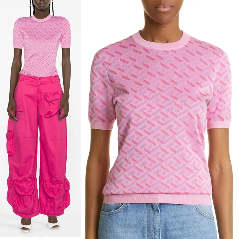 38 NEW $1,375 VERSACE Pink Jacquard LA GRECA Short-Sleeved SWEATER KNIT TOP XS