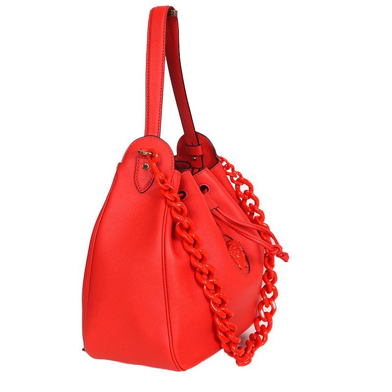 NEW $2325 VERSACE Red Leather LA MEDUSA Drawstring Bucket BAG CHAIN & 2 STRAPS