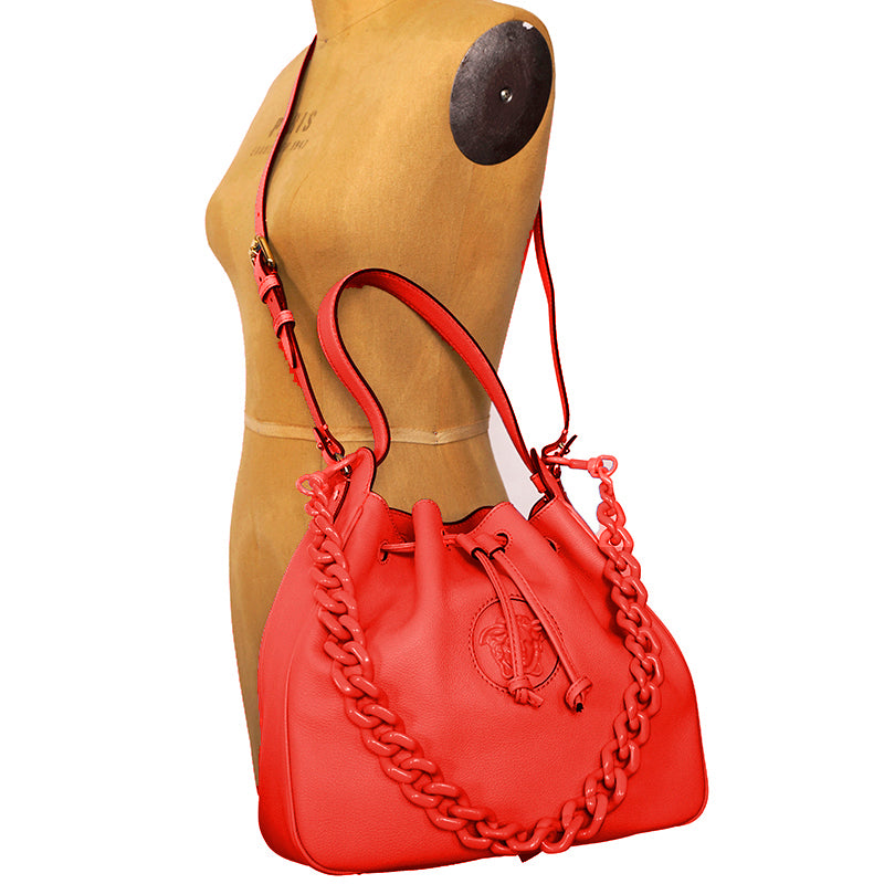 NEW $2325 VERSACE Red Leather LA MEDUSA Drawstring Bucket BAG CHAIN & 2 STRAPS