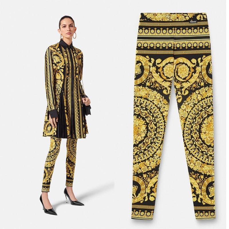 38/40 NEW $1,025 VERSACE Black & Yellow Classic BAROCCO Heritage JERSEY LEGGINGS 2