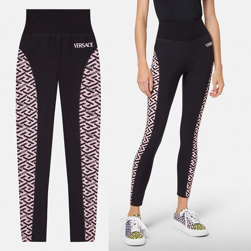 sz 1 XS NEW $525 VERSACE Black PINK LA GRECA Jersey Sport Pants Workout LEGGINGS