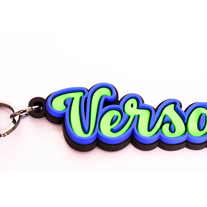 NEW $225 VERSACE Neon Green & Blue SPORTY VARSITY LOGO Silicone KEYCHAIN Bag Fob