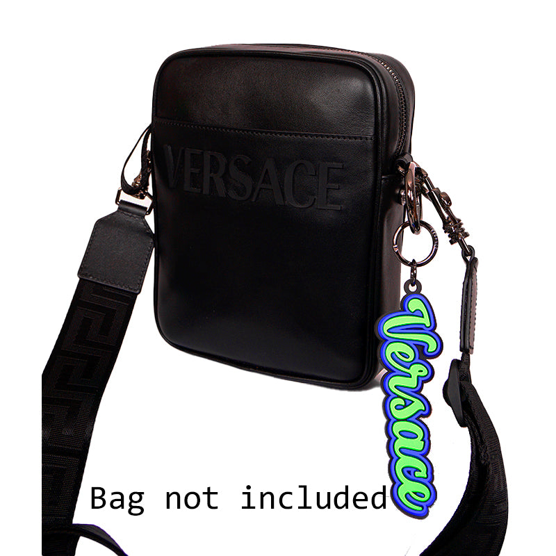 NEW $225 VERSACE Neon Green & Blue SPORTY VARSITY LOGO Silicone KEYCHAIN Bag Fob