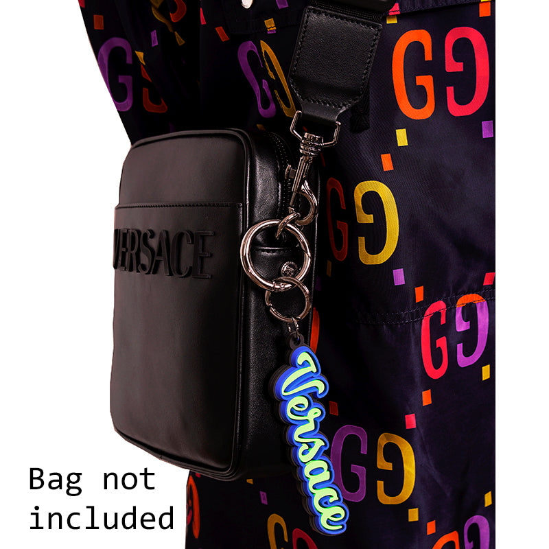 NEW $225 VERSACE Neon Green & Blue SPORTY VARSITY LOGO Silicone KEYCHAIN Bag Fob