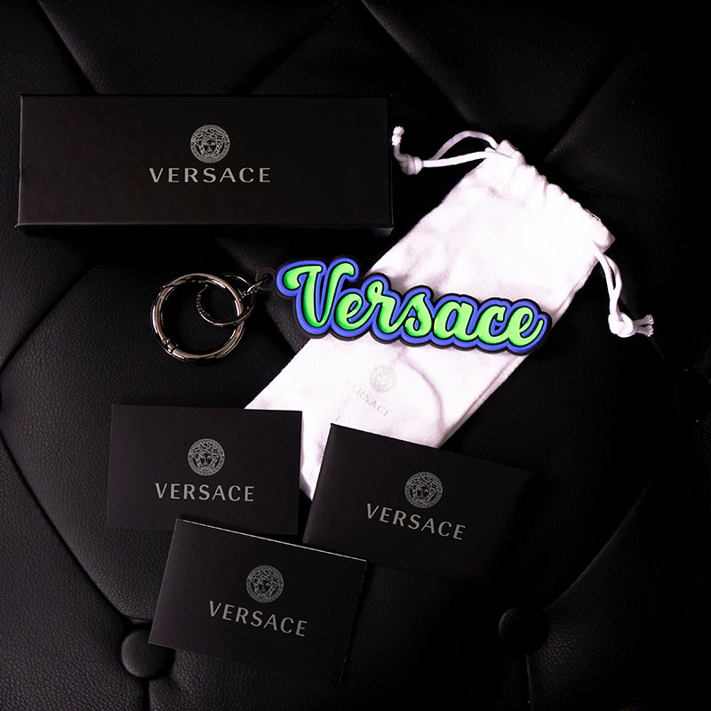NEW $225 VERSACE Neon Green & Blue SPORTY VARSITY LOGO Silicone KEYCHAIN Bag Fob