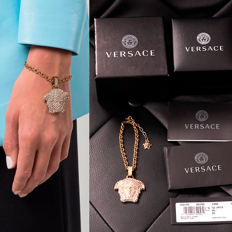 NEW $775 VERSACE Gold Tone Brass CRYSTAL-Embellished LARGE MEDUSA Charm BRACELET
