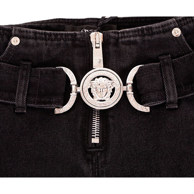 32 NEW $1375 VERSACE Black Dyed Denim BIGGIE LOGO MEDUSA '95 BELT Low Rise JEANS