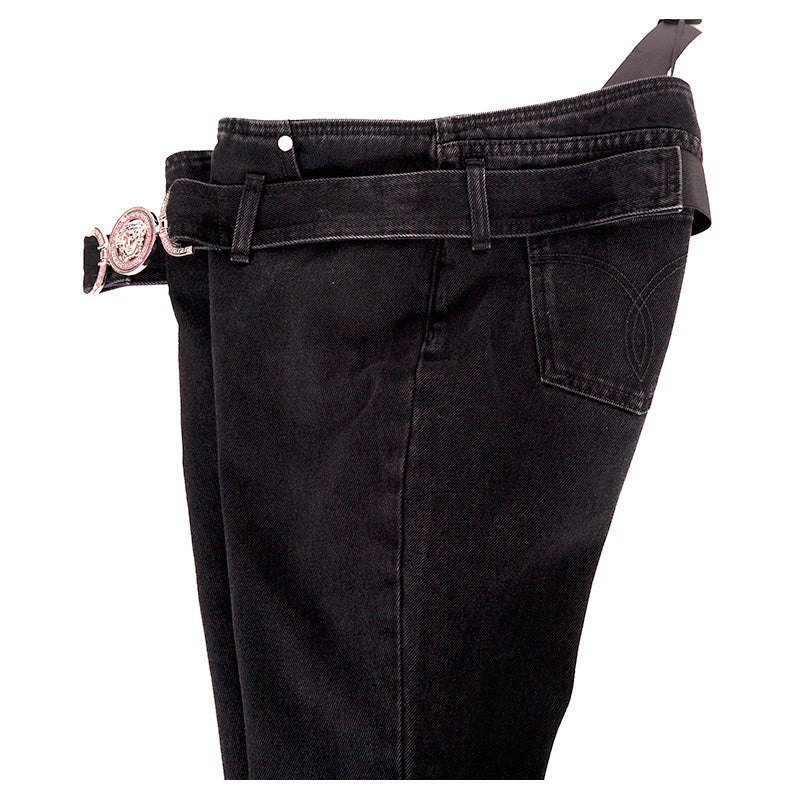 32 NEW $1375 VERSACE Black Dyed Denim BIGGIE LOGO MEDUSA '95 BELT Low Rise JEANS