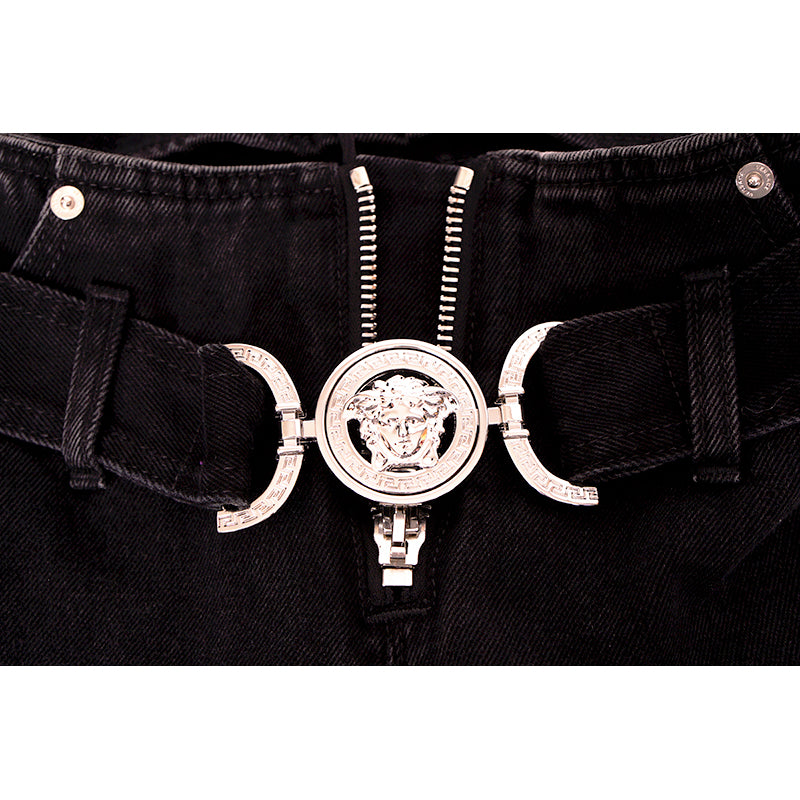 32 NEW $1375 VERSACE Black Dyed Denim BIGGIE LOGO MEDUSA '95 BELT Low Rise JEANS