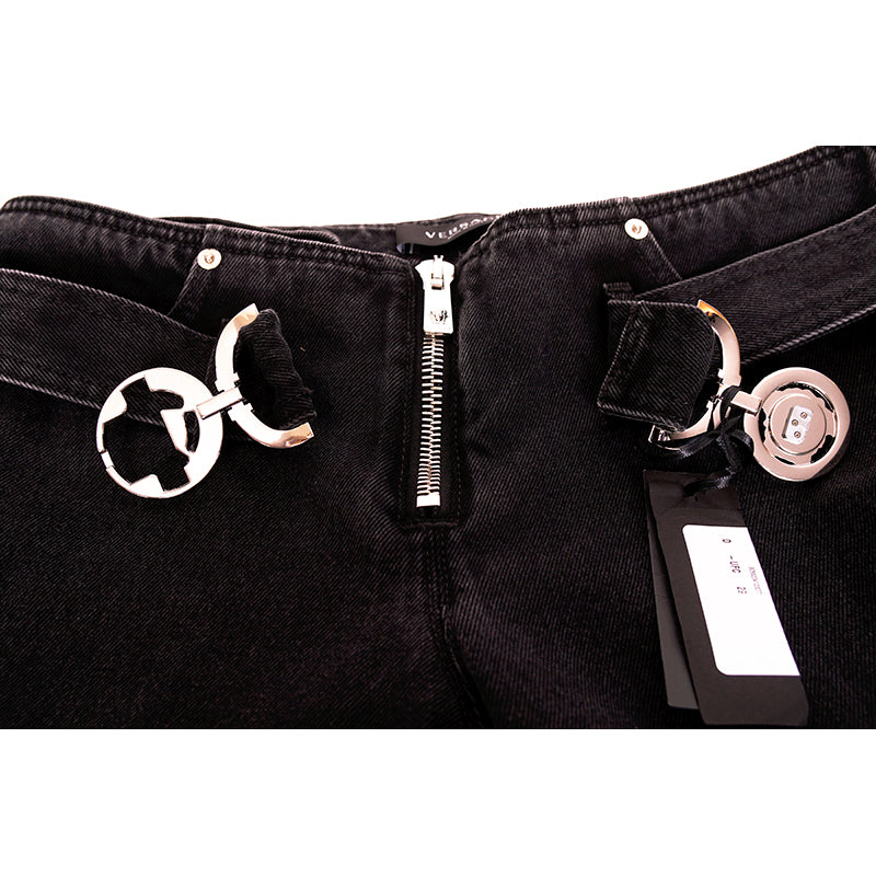32 NEW $1375 VERSACE Black Dyed Denim BIGGIE LOGO MEDUSA '95 BELT Low Rise JEANS