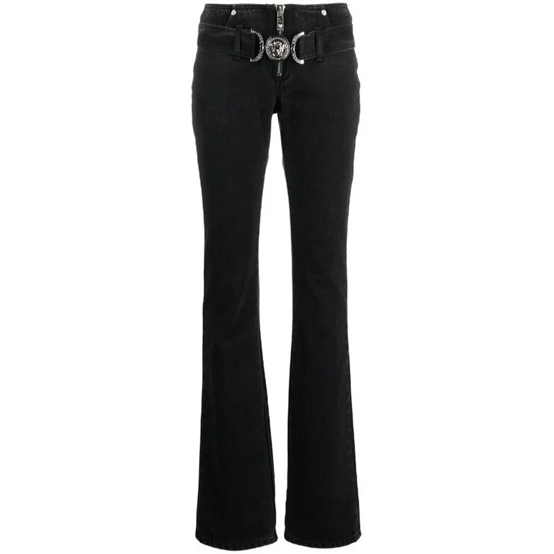 32 NEW $1375 VERSACE Black Dyed Denim BIGGIE LOGO MEDUSA '95 BELT Low Rise JEANS