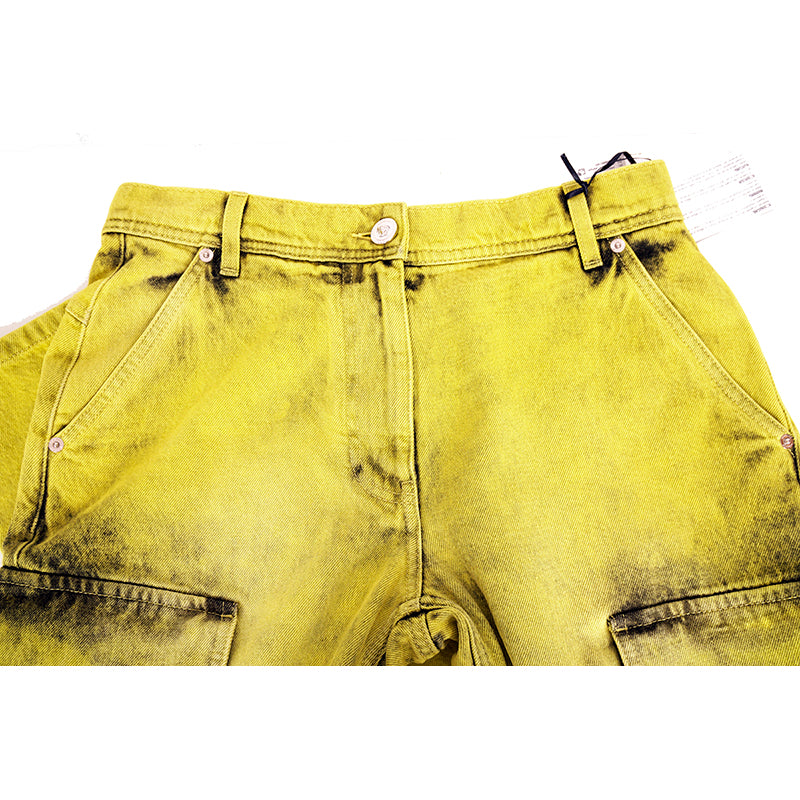 27 & 29 NEW $1675 VERSACE RUNWAY Woman's Acid Yellow Bleach Denim Cargo Pocket JEANS