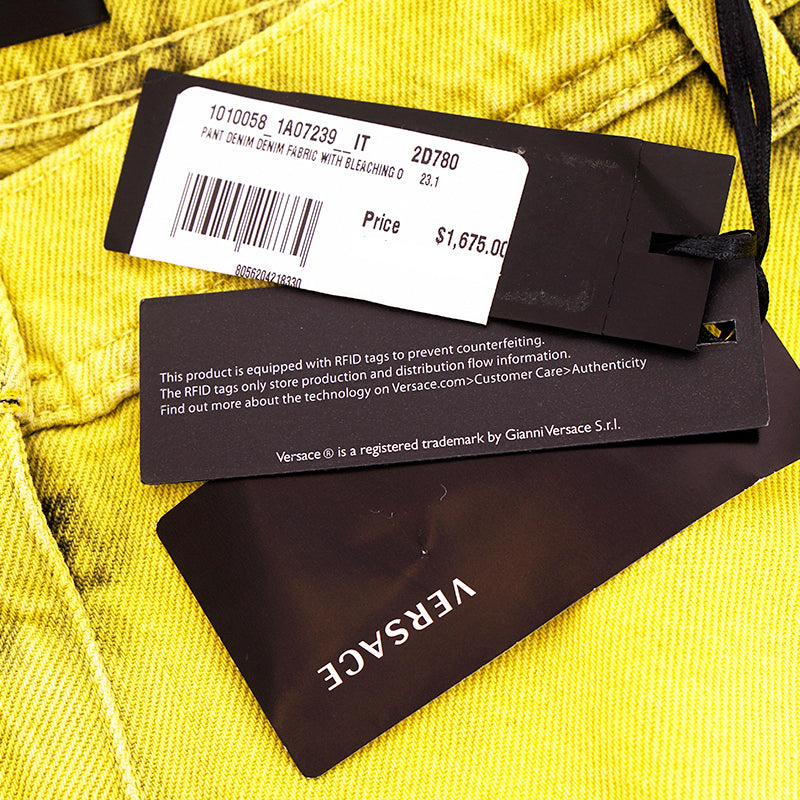 27 & 29 NEW $1675 VERSACE RUNWAY Woman's Acid Yellow Bleach Denim Cargo Pocket JEANS