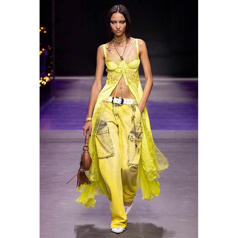 27 & 29 NEW $1675 VERSACE RUNWAY Woman's Acid Yellow Bleach Denim Cargo Pocket JEANS