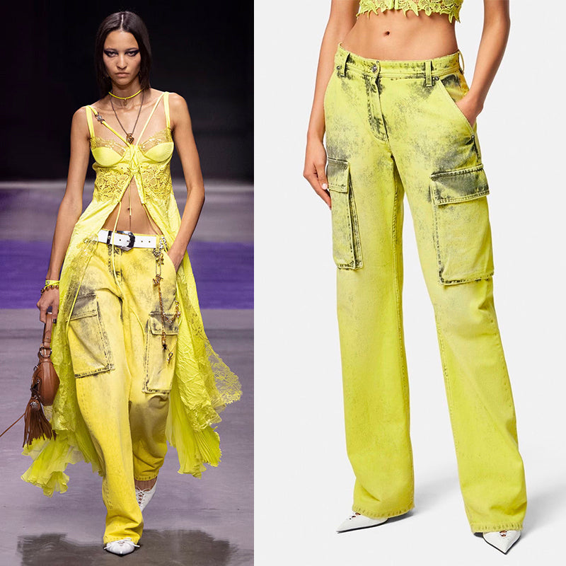 27 & 29 NEW $1675 VERSACE RUNWAY Woman's Acid Yellow Bleach Denim Cargo Pocket JEANS