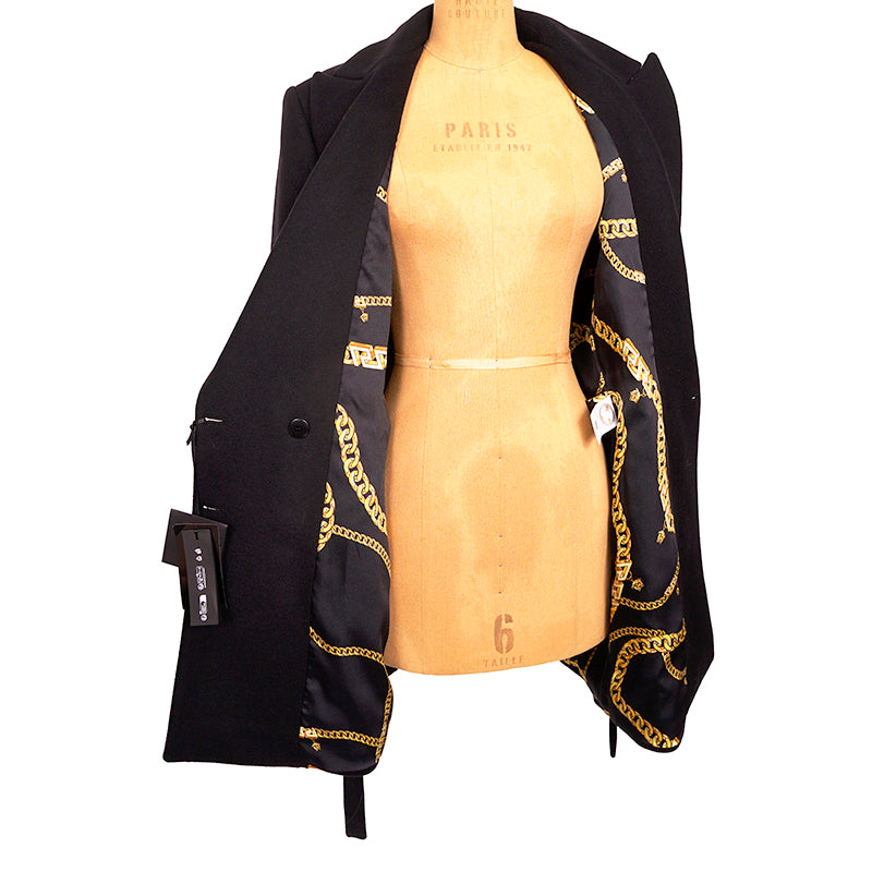 46 US 10 NEW $3190 VERSACE Woman Black 100% WOOL Belted COAT - LOGO PRINT LINING