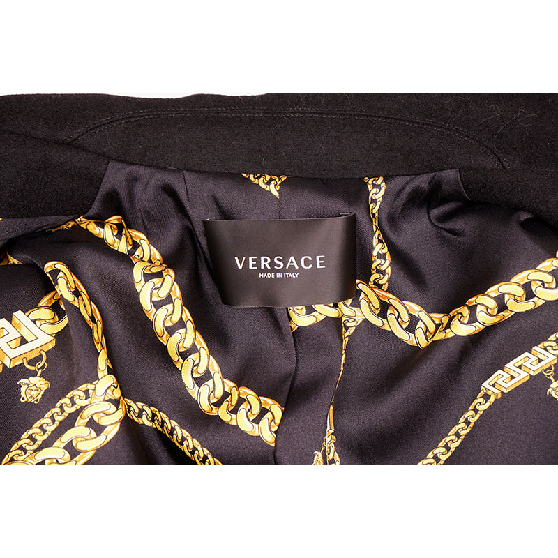46 US 10 NEW $3190 VERSACE Woman Black 100% WOOL Belted COAT - LOGO PRINT LINING