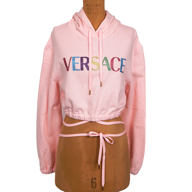 40 NEW $800 VERSACE Woman's CRYSTAL LOGO Cotton CROPPED SWEATSHIRT HOODIE TOP XS