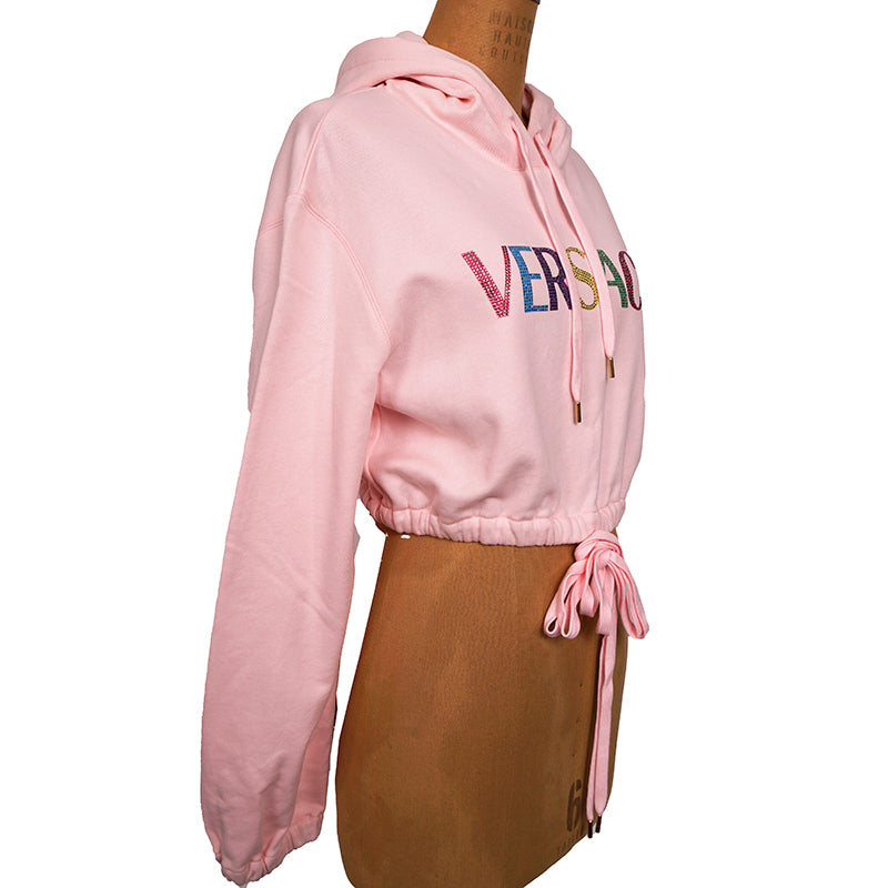 40 NEW $800 VERSACE Woman's CRYSTAL LOGO Cotton CROPPED SWEATSHIRT HOODIE TOP XS