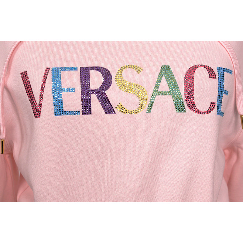 40 NEW $800 VERSACE Woman's CRYSTAL LOGO Cotton CROPPED SWEATSHIRT HOODIE TOP XS
