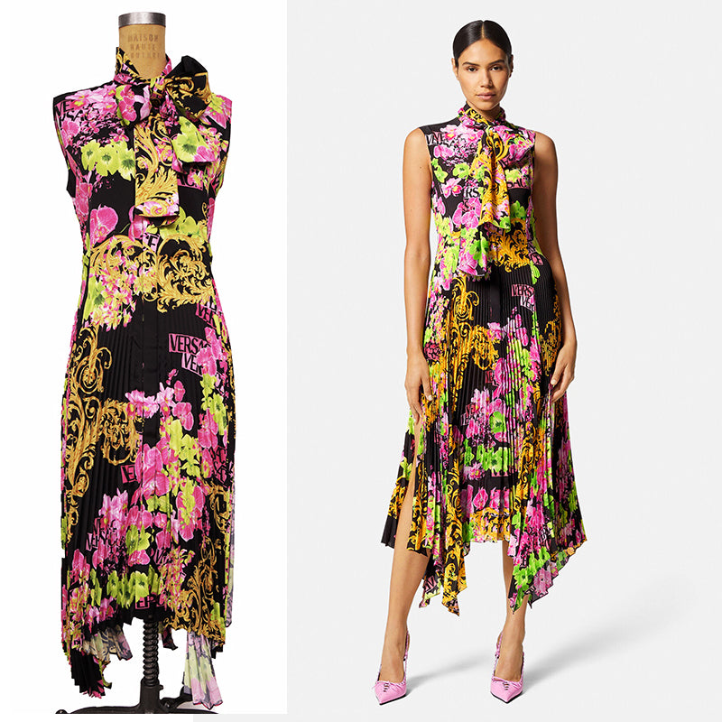 40 NEW $4,595 VERSACE Runway Black PINK ORCHID LOGO PRINT Shirt Pleated DRESS