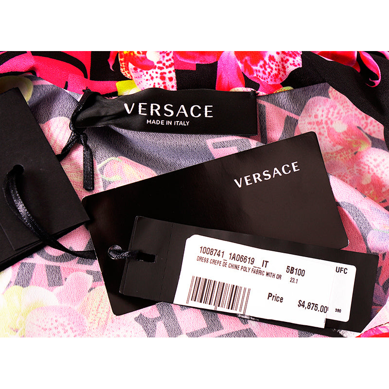 40 NEW $4,875 VERSACE Runway Black PINK ORCHID LOGO PRINT Shirt Midi DRESS