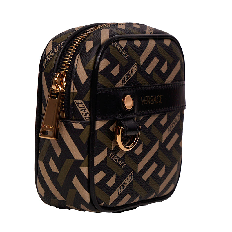 NEW $325 VERSACE Khaki Coated Canvas LA GRECA Coin Purse MODULAR SQUARE POUCH