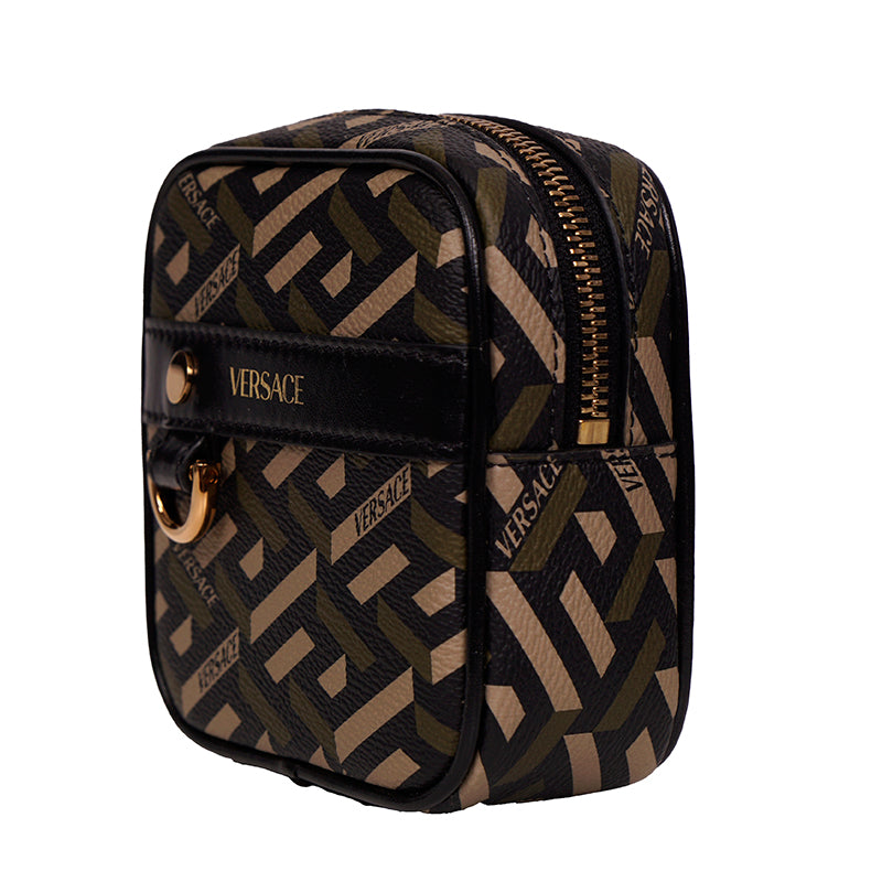 NEW $325 VERSACE Khaki Coated Canvas LA GRECA Coin Purse MODULAR SQUARE POUCH