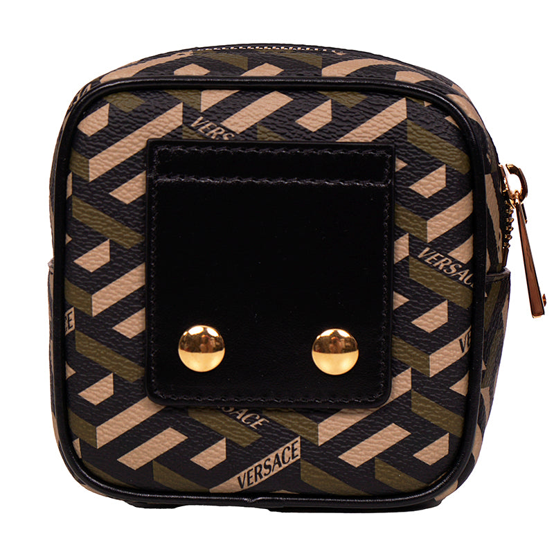 NEW $325 VERSACE Khaki Coated Canvas LA GRECA Coin Purse MODULAR SQUARE POUCH