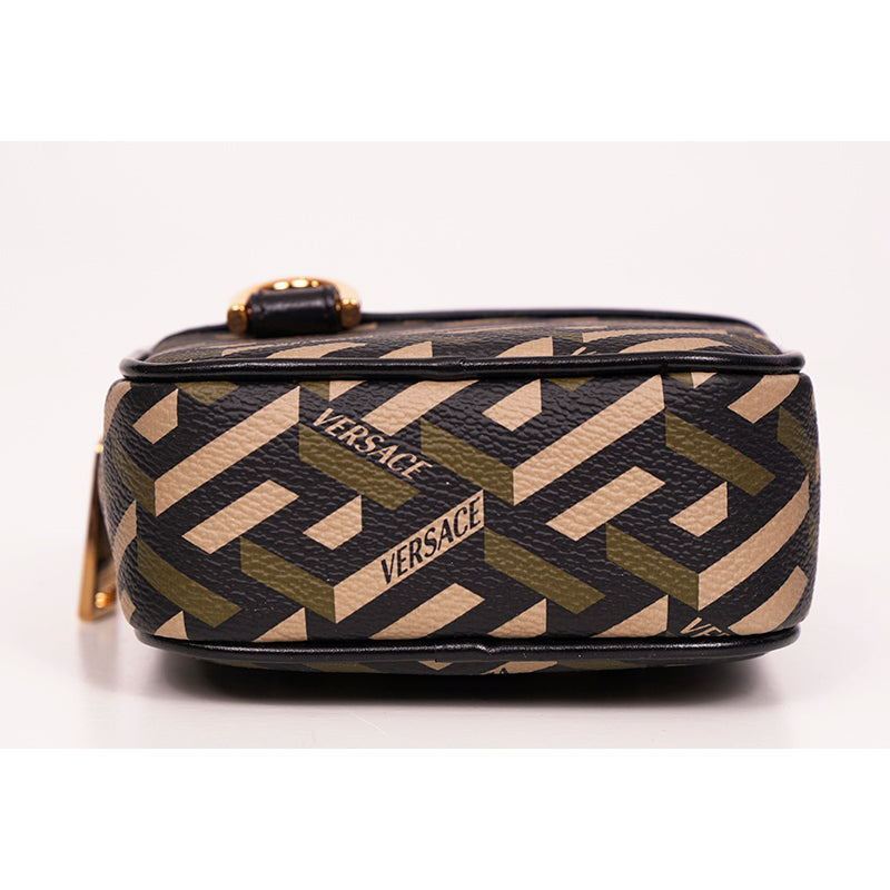 NEW $325 VERSACE Khaki Coated Canvas LA GRECA Coin Purse MODULAR SQUARE POUCH