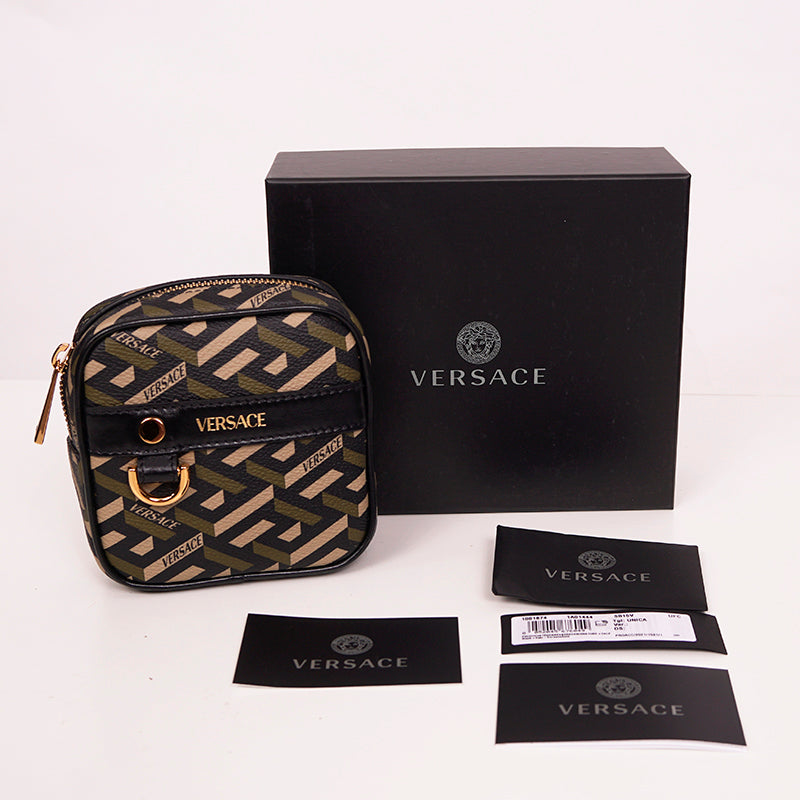 NEW $325 VERSACE Khaki Coated Canvas LA GRECA Coin Purse MODULAR SQUARE POUCH