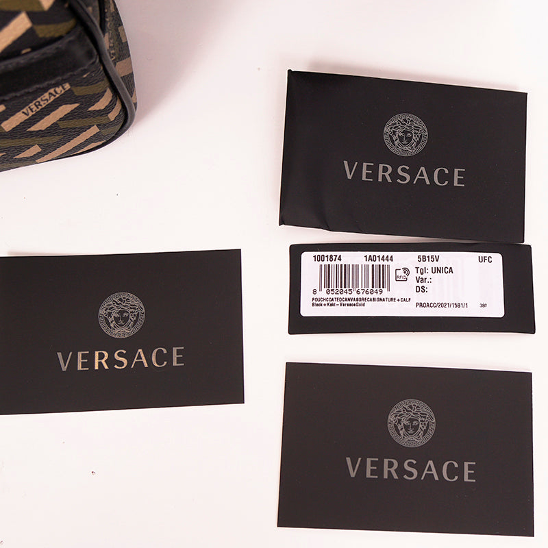 NEW $325 VERSACE Khaki Coated Canvas LA GRECA Coin Purse MODULAR SQUARE POUCH