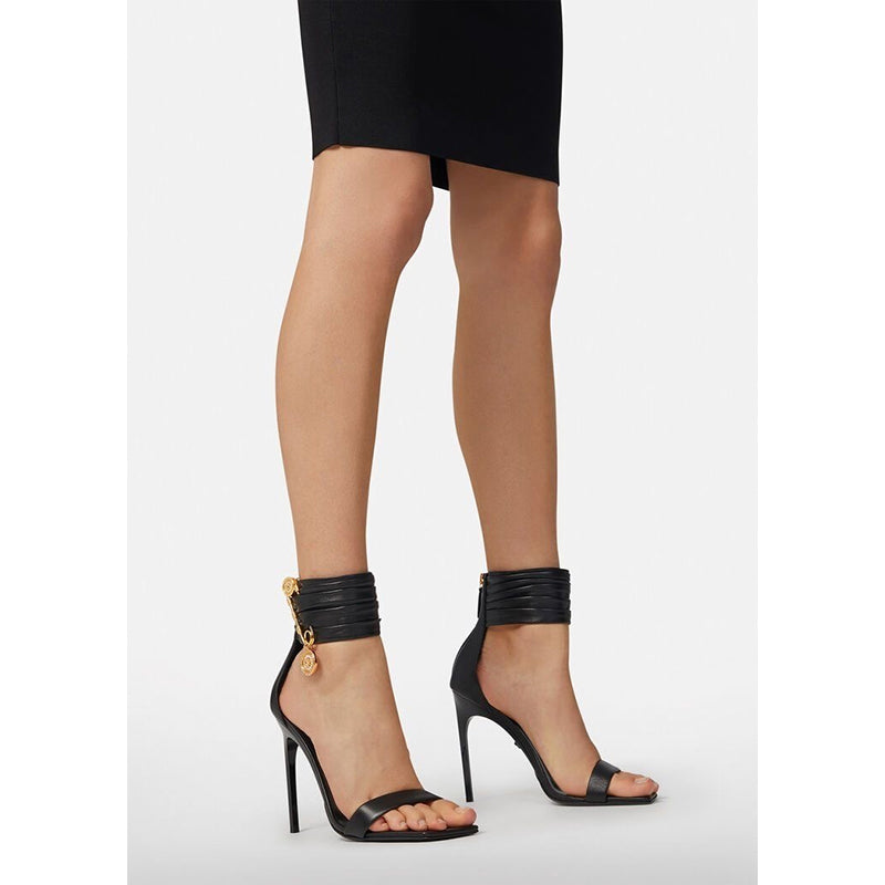 sz 38.5 NEW $1,275 VERSACE Black Leather LOGO SAFETY PIN Stiletto 108 SANDALS HEELS