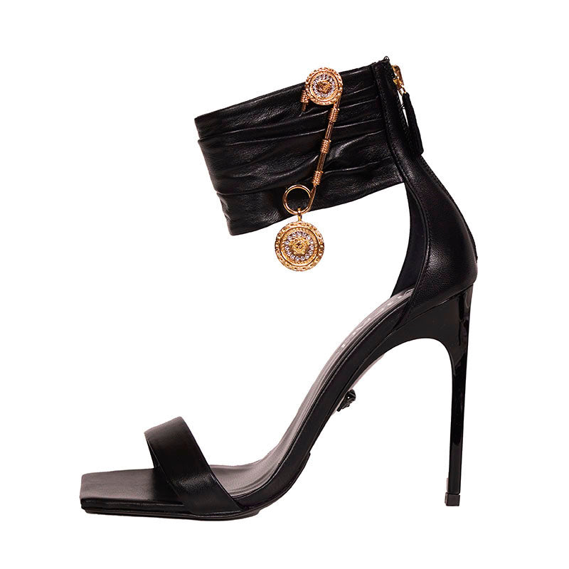 sz 38.5 NEW $1,275 VERSACE Black Leather LOGO SAFETY PIN Stiletto 108 SANDALS HEELS