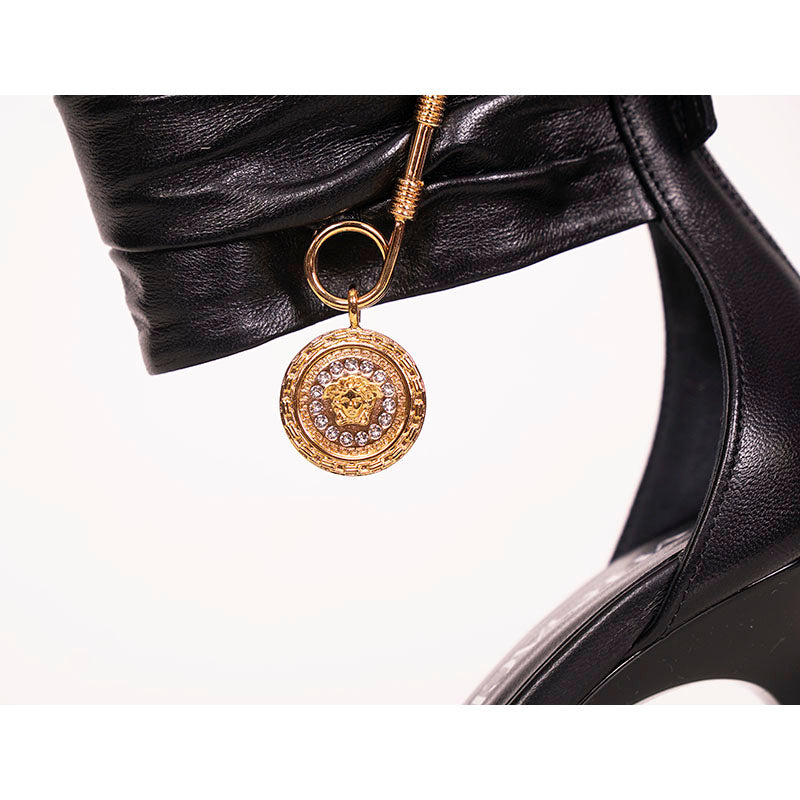sz 38.5 NEW $1,275 VERSACE Black Leather LOGO SAFETY PIN Stiletto 108 SANDALS HEELS