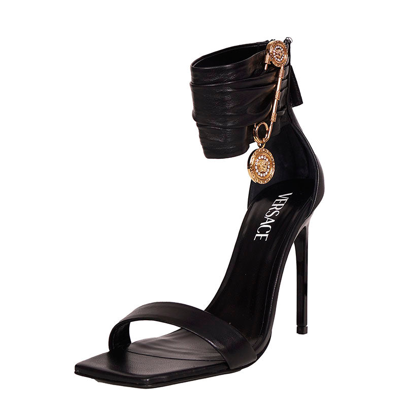 sz 38.5 NEW $1,275 VERSACE Black Leather LOGO SAFETY PIN Stiletto 108 SANDALS HEELS