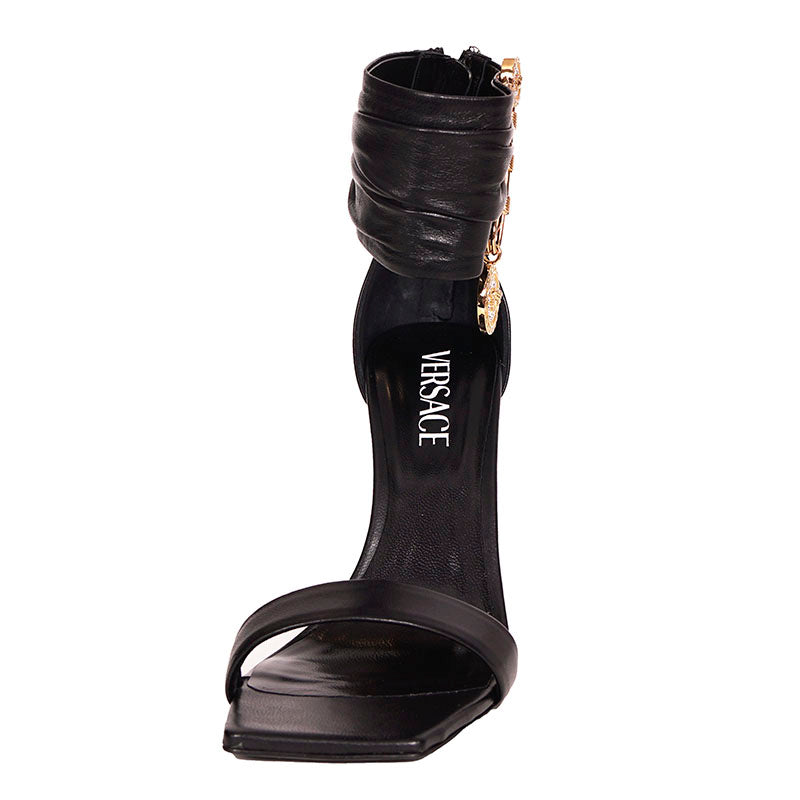 sz 38.5 NEW $1,275 VERSACE Black Leather LOGO SAFETY PIN Stiletto 108 SANDALS HEELS