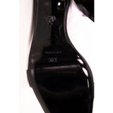 sz 37, 37.5, 38.5, 39, 39.5 NEW $1,275 VERSACE Black Leather LOGO SAFETY PIN Stiletto 108 SANDALS HEELS