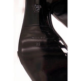 sz 37, 37.5, 38.5, 39, 39.5 NEW $1,275 VERSACE Black Leather LOGO SAFETY PIN Stiletto 108 SANDALS HEELS